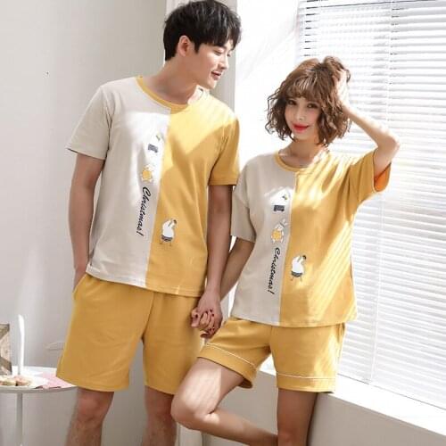 Women and men new couple pajamas summer cotton short sleeve shorts Korean simple comfortable thin knitted two piece pajama sets