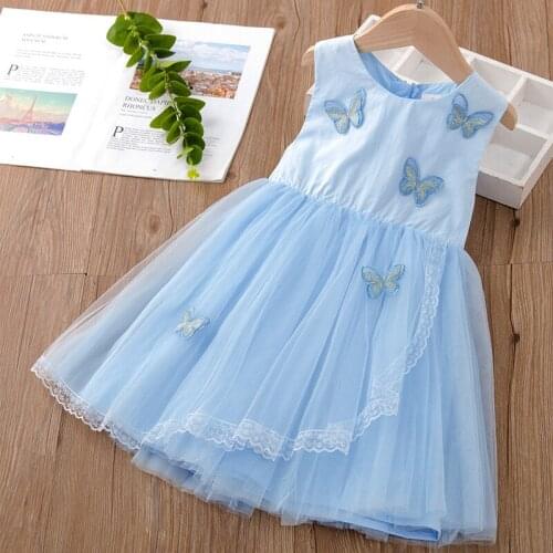 Butterfly Girls Dress Summer Mesh Patchwork Princess Dresses Casual Korean Girl Pink Blue Dress Childrens Dress Kids Clothes