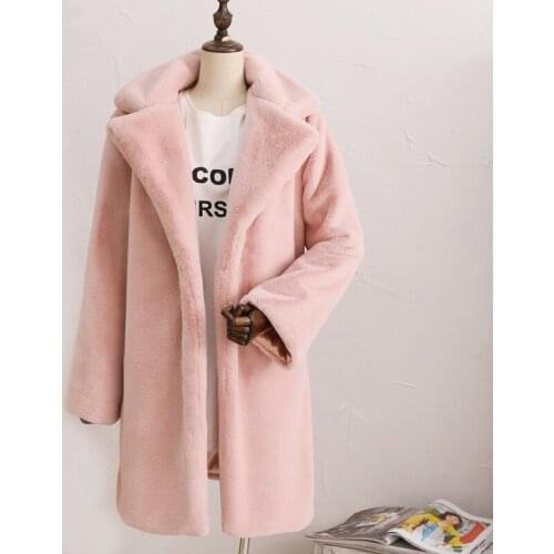 Savabien Turn Down Collar Long Sleeve Pink Faux Rabbit Fur Coat Furry Soft Warm Faux Fur Jacket Casual Office Festival Outerwear