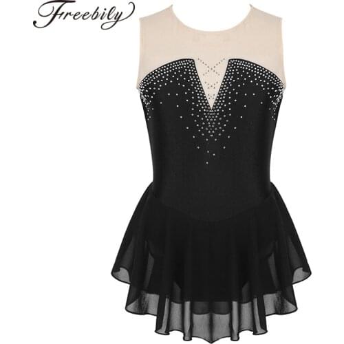 Sparkly Inlaid Rhinestone Mesh Splice Gymnastics Leotard Girls Figure Skating Dress Kids Contemporary Lyrical Ballet Costumes