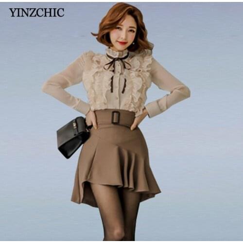 Spring New Woman Khaki 2pcs Suits Stand Collar Ruffles Blouse + Mermaid Skirt Mini Set Suits for Woman Ladies Elegant Suit