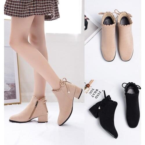YQBTDL Black Beige Suede Winter Fashion Shoes 2020 Women Shoes Chunky Heels Bowtie Ruffles Opening Ankle Boots for Women Booties