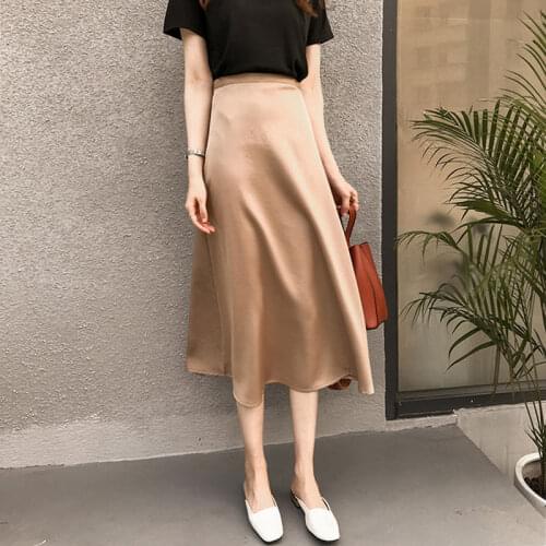 Korean England Style Office Lady Simple Solid Satin Elegant Summer Midi Skirt Women Faldas Mujer Moda Long Skirts Womens