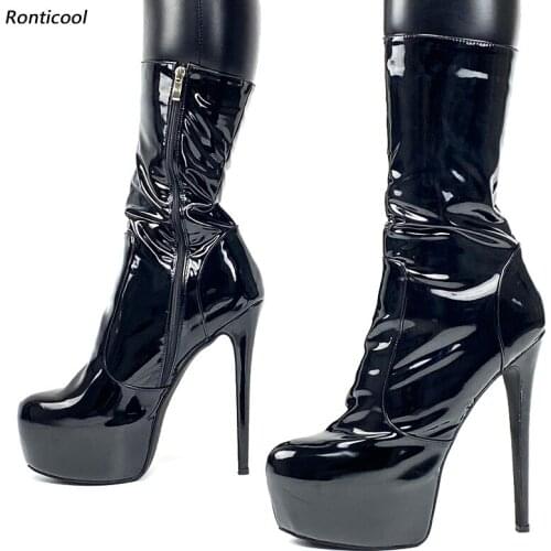 Ronticool Women Platform Mid Calf Boots Unisex Patent Side Zipper Stiletto Heels Round Toe Black Club Shoes Women Size 42 47 52
