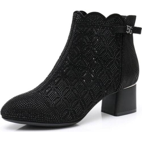 2020 New Spring Summer Hollow Rhinestone Bow Fashion Boots Women Black Shoes High Heel Boots Women Boots Breathable Ankle Boots
