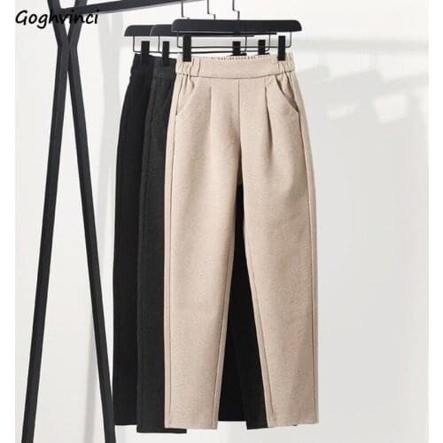 Women Casual Pants High Quality Solid Simple Stretchy High Waist Harem Pencil Trousers Plus Velvet Thick Winter Soft Warm Teens