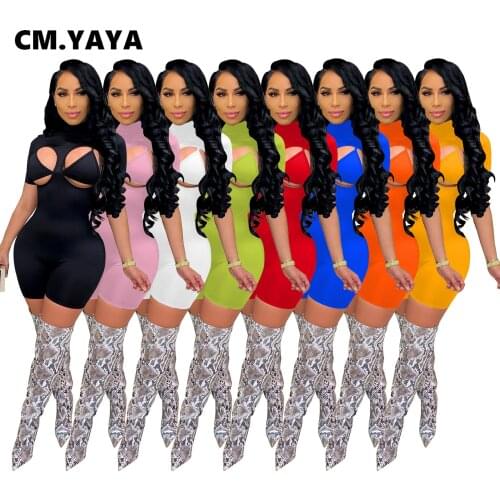 CM.YAYA Cut Out Playsuit Bodycon Rompers for Women Short Sleeve Jumpsuit with Bra Sexy Club Party Active Summer Outfit