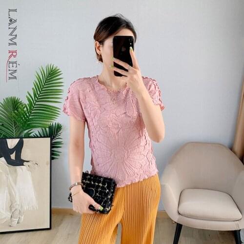 LANMREM Pleated Top Women Short Sleeve Printed Flower Temperament 2021 Summer New Slim Round Neck Fold T-shirt Female 2C2200