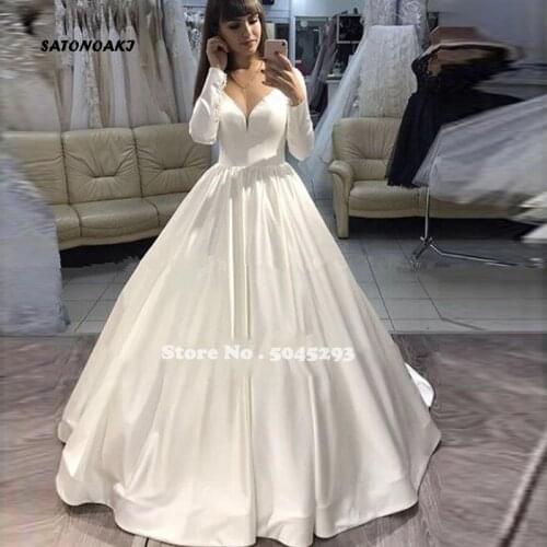 2020 Long Sleeve Ball Gown Wedding Dress For Womens Bridal V-Neck Satin Puffy Vintage Sweep Train Vestido De Novia Mariage India