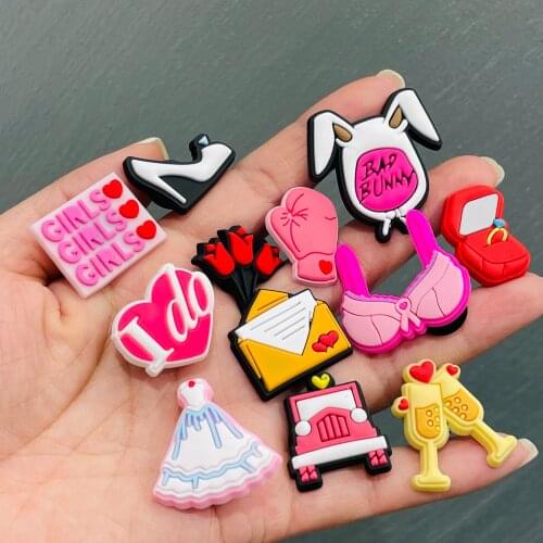 1pcs Bad Rabbit Rose Pink Style Shoe Charms Dress Scissors Bra Car Glove Shoes Accessories Decoration Fit Croc Jibz Kids Gifts