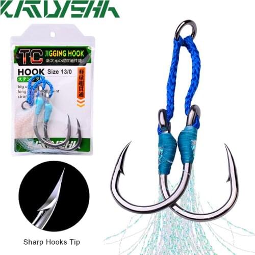 KATYUSHA 1Pack Jig Fishing Hooks 1/0-3/0-5/0-7/0-9/0-11/0-13/0# Stainless Stell Hooks Double Twin Hooks Slow Feather Fishhooks