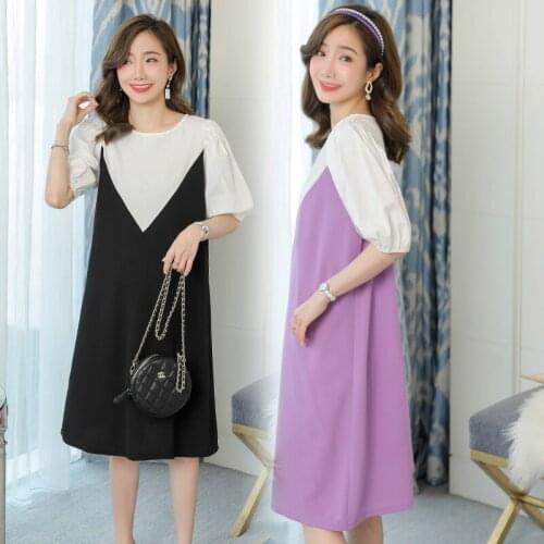 2035# Maternity Clothes Summer Patchwork Cotton Short Sleeve Loose Stylish Dress for Pregnant Women Mom Dress