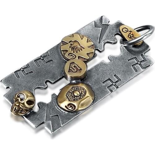 925 Sterling Silver Jewelry Retro Thai Silver mens Fashion Razor Blade Necklace Pendant Skull Pendant