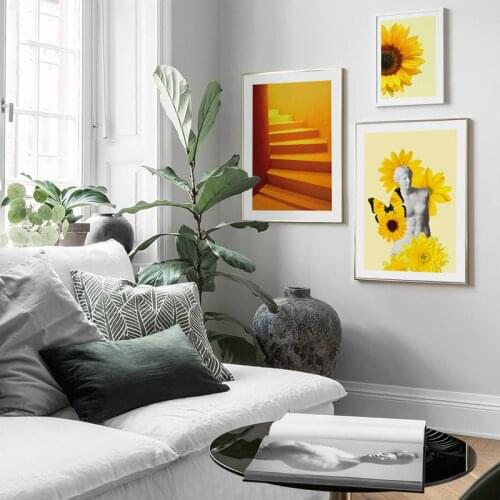 Abstract Yellow Themed Canvas Poster Nordic Plant Sunflower Statue Painting Wall Art Pictures For Living Room Modern Home Decor