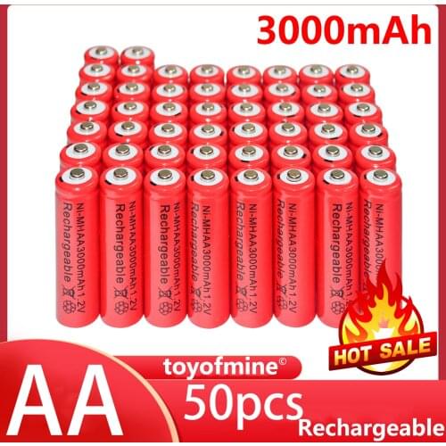 50x AA 3000mAh 2A 1.2V Ni-MH Red Rechargeable Battery Cell for MP3 RC Toys