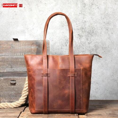 Crazy Horse Leather Retro Men Tote Bag handbags Top Layer Cowhide Casual Bag Large Capacity Shoulder Bag European and American