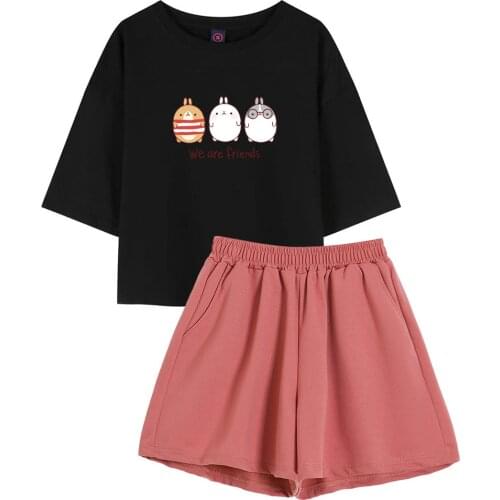 Harajuku Cartoon Graphic T Shirts Women Cotton Crop Tops Y2k Clothes Best Friends Shorts for Teenager Girls Soft Two Piece Suits