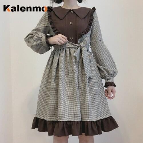 Lolita Gothic Dress Women Autumn Winter Japanese Soft Sister Cute Long Puff Sleeve Plaid Dress Spring Girls Kawaii Bandage Dress