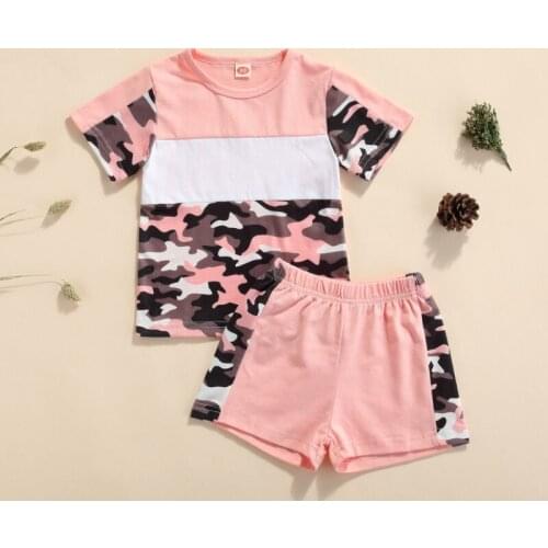 Children Camouflage Clothes Set, Contrast Color Short Sleeve O-neck Patchwork Casual T-shirt + Elastic Waist Shorts Summer