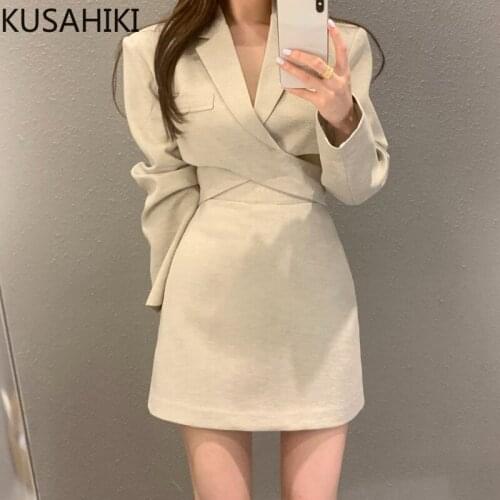 KUSAHIKI Korean Elegant Skirt Sets Cross Hollow-out Short Blazer Coat + High Waist Skirts 2021 Autumn New 2pieces Suits 6L566