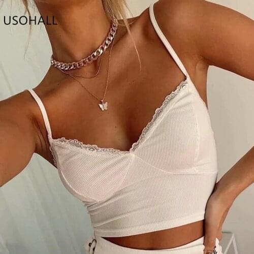USOHALL Summer New Lace Crop Tops Women Sexy V-Neck Slim Camisole Tank Top