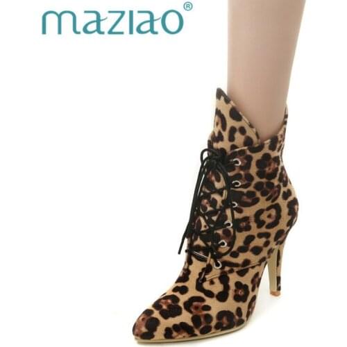 MAZIAO Women Boots Winter Shoes High Heels Leopard Ankle Boots Pointed Toe Casual Shoes Woman Lace Up Plus Size Ladies Pumps