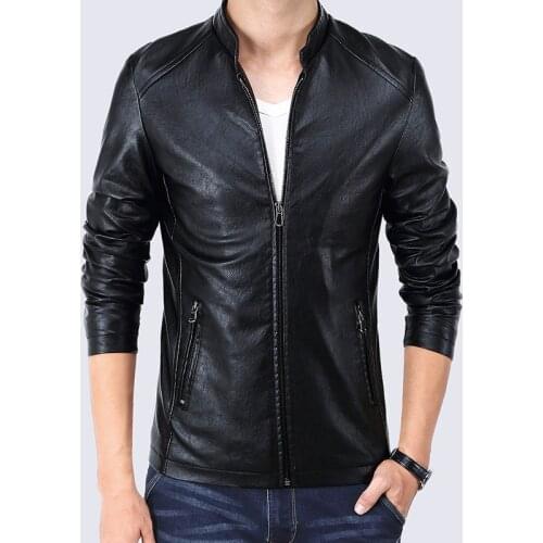 Faux Leather Black Jackets Coat Men Slim Fit Mens Windbreaker Jackets Zipper Pocket Stand Collar British Vintage Outerwear