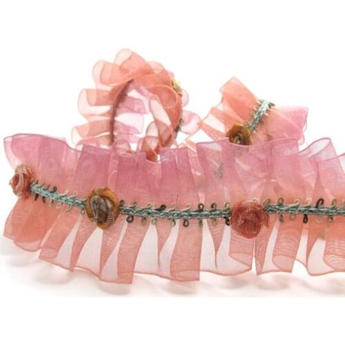 Pleated Trim|w Rococo Flower Trim|1 1/2 Inches Pleated Ombre Printed Chiffon Trim|Organza Chiffon Trim|Retro Handmade Supplies
