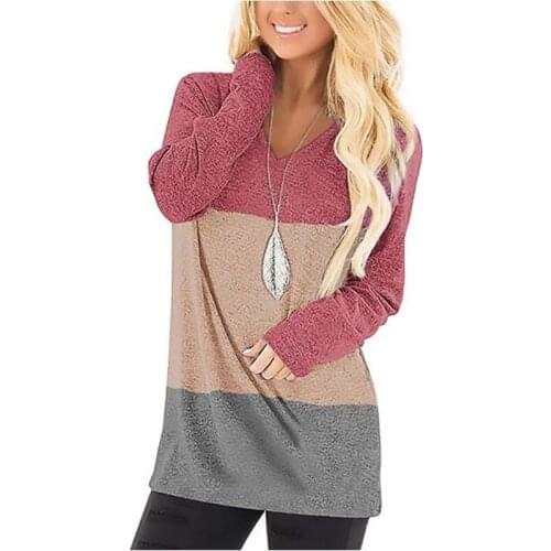 S-2XL 2020 Spring and Autumn Fashion Shirts for Women Long Sleeve Patch Color Tops Loose Deep V-neck Tops for Women