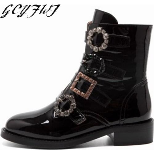 Sexy Buckle Womens Mid Calf Boots Patent Leather Platform Crystal Short Boots Square Buckle Round Toe Winter Shoes Women