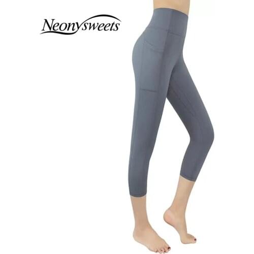 Neonysweets Sexy Hollow Out Yoga Calf-Length Pants Outdoor Running Breathable 3/4 Sports Leggings Gym Fitness Workout Wear Short