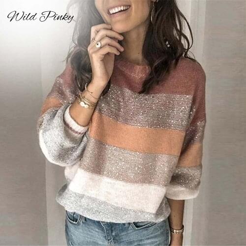 WildPinky Women O-neck Sweaters Autumn Winter 2020 Pullover Jumpers Casual Striped Warm Sweaters Female Oversized Sweater Women