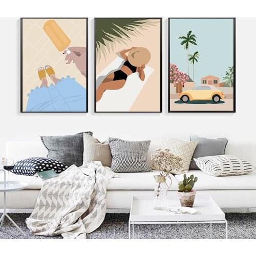 Girl Summer Vacation Vintage Palm Car Wall Art Canvas Painting Nordic Posters And Prints Wall Pictures For Living Room Decor
