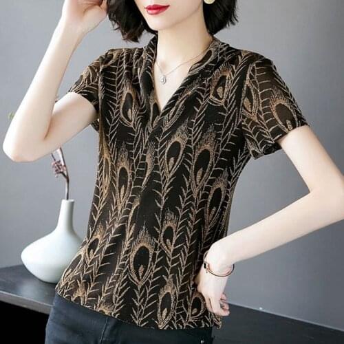 Womens Spring Summer Style Mesh Blouses Shirt Womens V-neck Printed Short Sleeve Sequined Korean Casual Tops DD8774