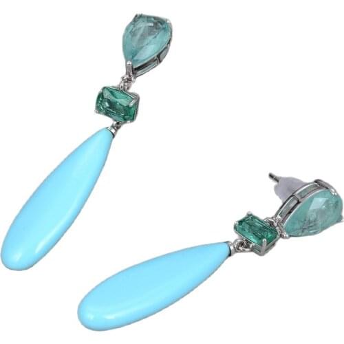 GG Jewelry Natural Green Color Crystal Pave Blue Turquoises Teardrop Stud Earrings Ethnic Style For Women Lady Girl Gift Jewelry