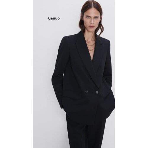 Autumn and winter womens blazer jacket casual solid color double-breasted pocket decorative coat