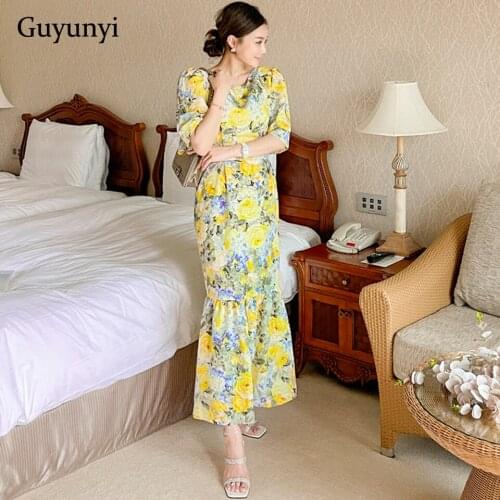 Bohemian Flowers Dress 2021 Summer O-Neck Vintage Large Sleeves Leisurely Vacation Loose Hem Simple Long Womens Dresses