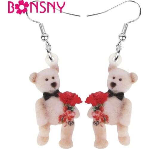 Bonsny Acrylic Valentine’s Day Flower Bow-knot Bear Doll Toy Earrings Dangle Drop Animal Jewelry For Women Girl Teen Charm Gift