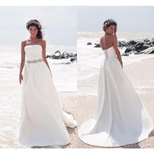 Strapless Satin Beach Wedding Dresses Crystal Sash Backless Simple Wedding Gowns Boho Bridal Dresses Lace Up Vestido De Noiva