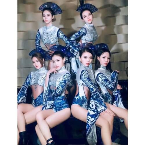 Chinese style Crystals Bodysuit Costume Prom Stage Dance groups performance clothes sexy stretch leotard catsuit DJ show
