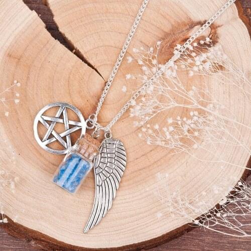 DoreenBeads Handmade Movie Supernatural Pentacle Angel Wings Wishing Bottle Guardian Series Silver Color Necklace Jewelry, 1 Pc
