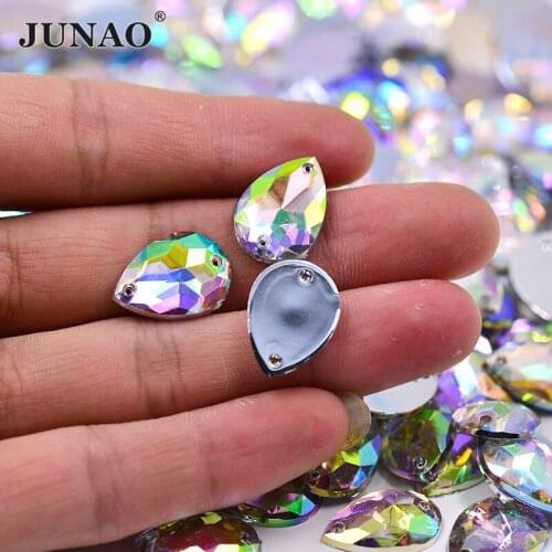 JUNAO 200pcs 13*18mm Sewing Drop Crystal AB Rhinestones Sew On Acrylic Strass Flat Back Crystals and Stones for Clothes Jewelry