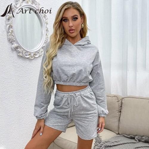 2 Two Piece Set Tracksuit Casual Outfit Short Suits Women Hoodie Fleece Long Sleeve Crop Tops Shorts Pants Fashion Streetwear