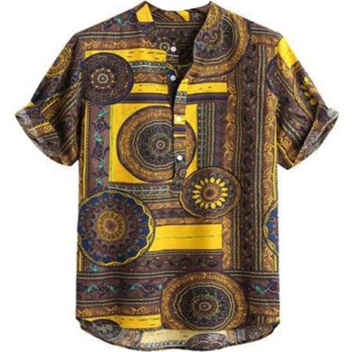Summer shirt for men baggy short-sleeved Hawaiian shirt cotton and linen with ethnic print men Hawaiian shirt