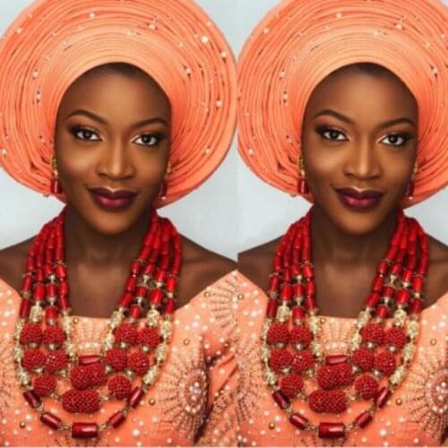 Dudo Red Nature Coral African Women Wedding Jewelry Set 4 Rows Crystal Beaded & Gold Balls Necklace and Earrings Bracelet Set