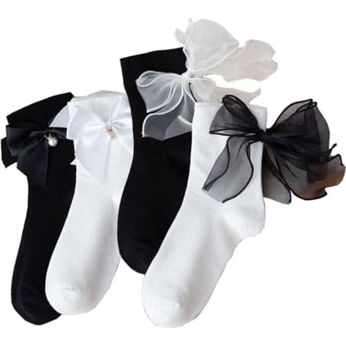Socks Women Solid Color Soft Girl Black White Cotton Cosplay Lolita Anime Lace Bow Breathable Japanese Harajuku Spring Autumn