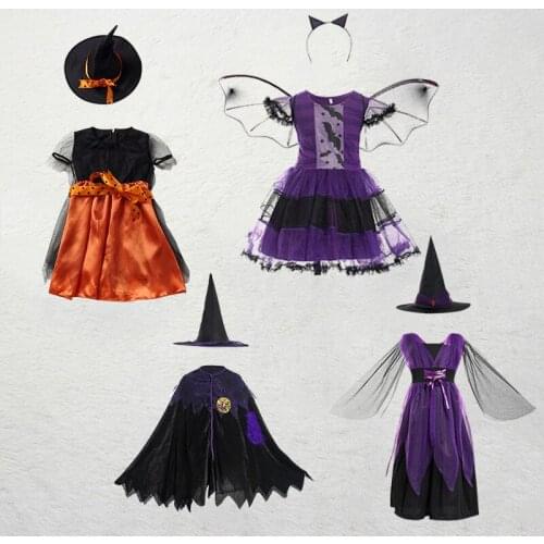 New Kid Girls Halloween Witch Costume Sparkly Silver Stars Printed Carnival Cosplay Dress With Pointed Hat Wand Dress Up Clothes