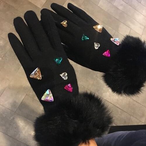 2017 Brand Luxury Womens Winter Wool Gloves Colorful Crystal Real Rabbit Fur Elegant Fur Gloves Female Mittens Cashmere Gloves