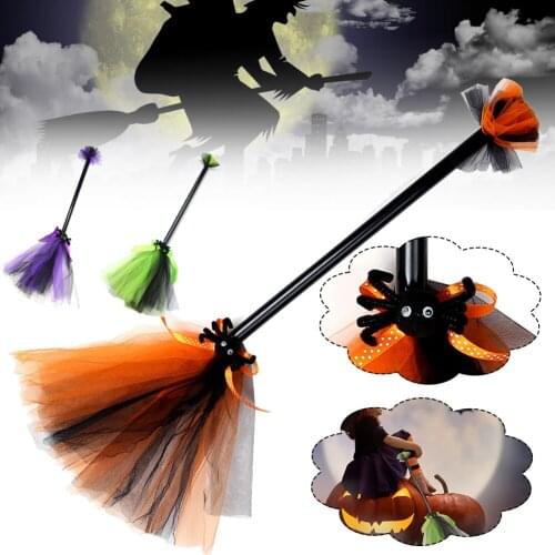 Halloween Witch Broom Plastic Broomstick Cosplay Themed Party Halloween Props Orange/Green/Purple Broom for Kids
