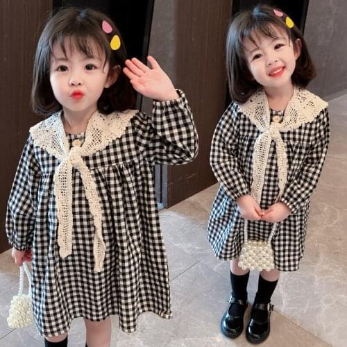 Fashion Girls Plaid Dress Cute Lace Collar Princess Baby Dress Casual Long Sleeve Toddler Girl Dresses 1-6 Year Old Kids Clothes